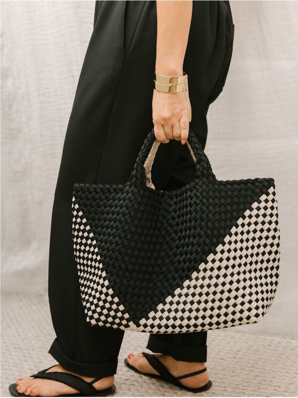 Naghedi - St Barths Large Tote Black & Cream Woven Tote